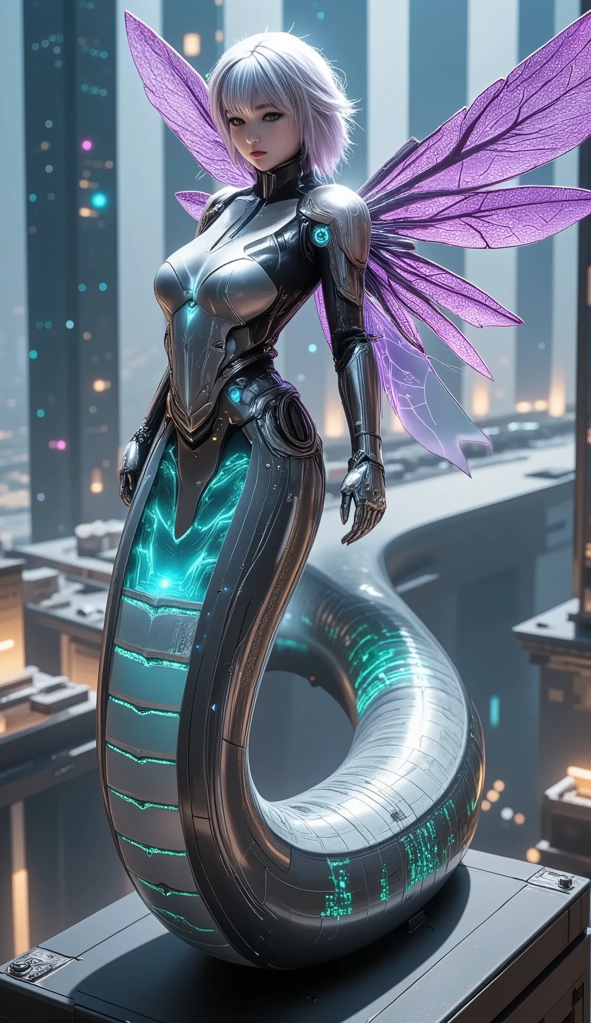 Create a massive, futuristic Serpent Woman, towering above a vast, quantum cyber city. Her upper body is human, but armored in sleek, advanced combat gear, featuring futuristic plating, glowing circuits, and neon accents, giving her the appearance of a hig...