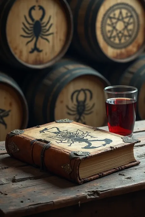 an old deteriorated grimoire through time with strange symbols written on it, on a dusty old table, with a glass of red wine next to it, with a background where you can see old wine barrels stacked with runic symbols in the shape of a scorpion, hyperrealis...