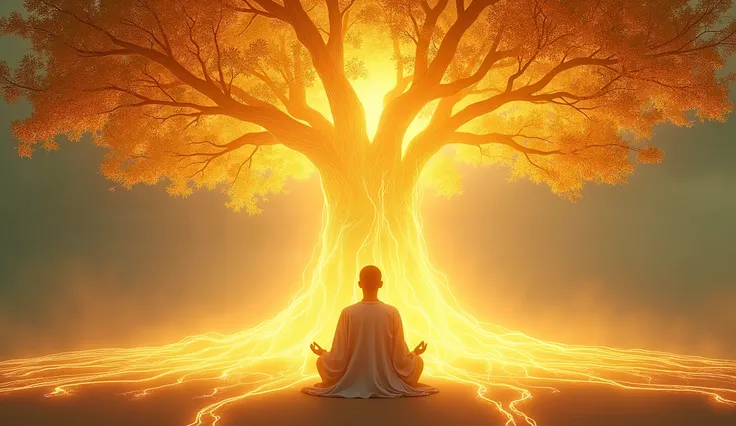   resting in absolute silence ,   a huge tree of golden branches and leaves made of pure light stretched to the infinite sky. Under it ,  a meditator,  's soft robes ,  worn loose ,   in the center of a heavenly clearing ,   connected to the pulsating root...