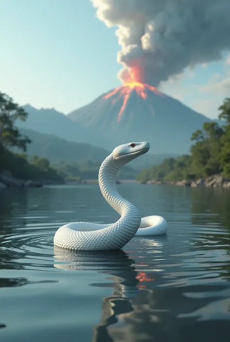 The stealth white snake was swimming in a link near an erupting volcano 