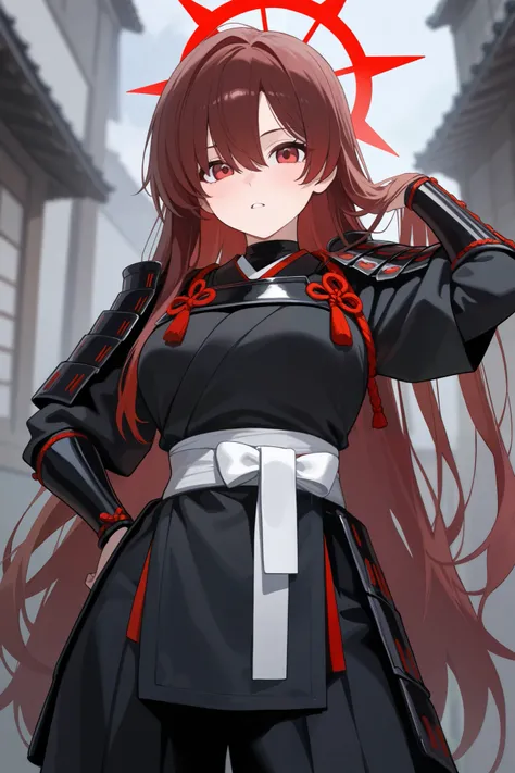 1 girl, Hair length reaches the back, Brown hair and red hair on the edges of the hair, red eyes, but not bright, wear a sexy samurai outfit, หน้าอกไซส์ปานกลาง, have a red halo