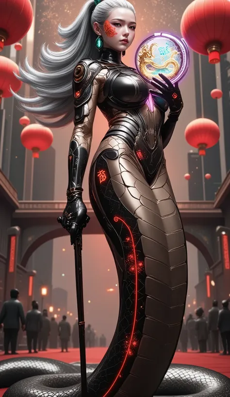 Create a massive, futuristic Serpent Queen, her towering form dominating a quantum cyber cityscape illuminated by holographic fireworks and floating crimson lanterns. Her sleek, form-fitting armor combines dragon-scale motifs with futuristic exoskeletal pl...