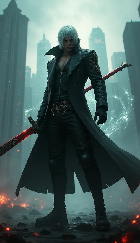 Devil may cry V, Virgil , it's menacing, holds Yamato, tense posture , demonic transparent twin behind him, city background 