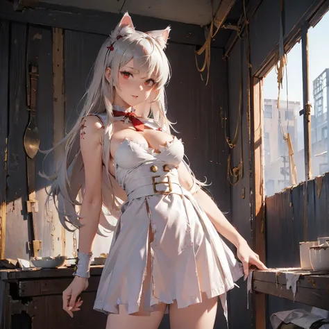 Tattered, red and white sailor uniform, battle-worn design, silver-haired anime girl, cat ears, striking red eyes, mysterious expression, detailed outfit, post-apocalyptic style, decorative waist accessory, frayed skirt edges, neutral background.((nfsw)).s...