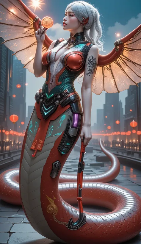 Create a massive, futuristic Serpent Queen, her towering form dominating a quantum cyber cityscape illuminated by holographic fireworks and floating crimson lanterns. Her sleek, form-fitting armor combines dragon-scale motifs with futuristic exoskeletal pl...