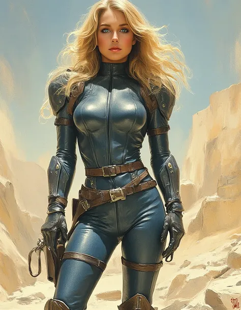 Woman inspired by the aesthetics of vintage space opera.,  with elongated facial features , 165 cm tall, to have a blonde , Waist ,  Wavy hair with V-shaped bangs , and blue eyes.  She wears tight and tight jeans with high boots on top .,  adding an equest...