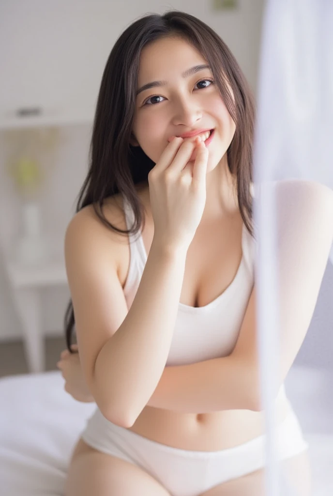 Only one woman  standing beside a bed , wearing white lingerie, detailed brown eyes ,white skin ,medium long black hair,poses in front of viewers setting hands behind , smiling, forehead exposed,bare navel ,

