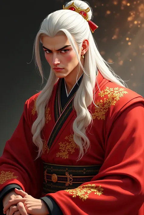  Draw a picture of a young emperor with Asian features of Manhwa , long white hair, silky and loose , Realistic in appearance.  He is seated with a straight profile ,  with his full body visible while in an elegant pose .  He wears a red silk robe with gol...