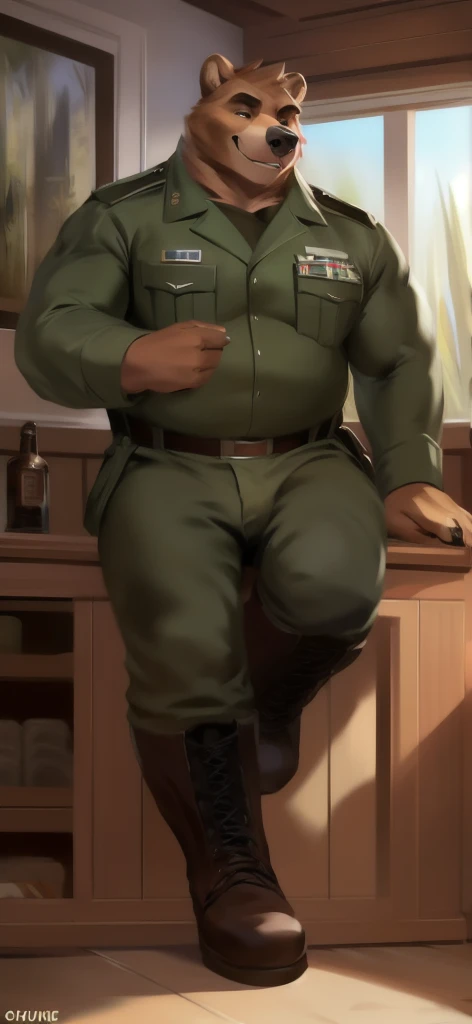  alone,  man big tall , Sitting inside ., in wardrobe , bear , long agave  , military uniform, green,  Wearing Boots , Overweight,  Muscle ,  smiley , by chunie 