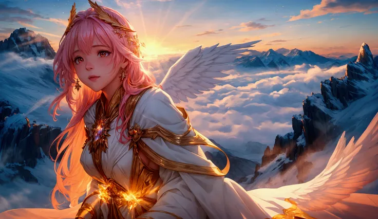 " Ultra-realistic cinematic scene in 4K :  A majestic angel emerging from golden clouds , with hyper-detailed skin ,  flowing robes and translucent crystalline wings that shine with divine light.  Positioned above a snow-covered mountain at sunrise ,  with...