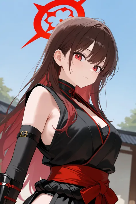 1 girl, Hair length reaches the back, Brown hair and red hair on the edges of the hair, red eyes, but not bright, wear a sexy samurai outfit, หน้าอกไซส์ปานกลาง, have a red halo