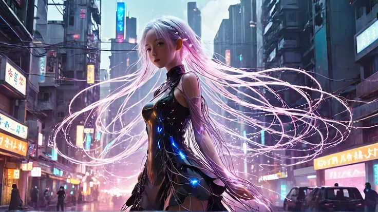 sustenance_  particle,sustenance_ wire,光 wire,光  particle,A girl made of   particle,The density of  wire at the finger part is high,(Gray Hair:0.3),Full Body Shot Full Body Shot
Back Pose
cyberpunk city