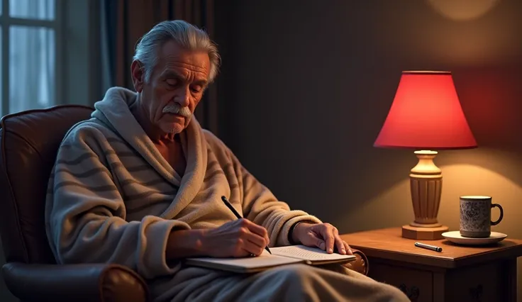 Beardless An old man without a beard with only a mustache is sitting in the evening sitting on a thin bathrobe with blue and white stripes and a blanket He has a red lampshade on the table man writes