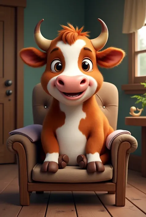 Real happy cow sitting properly on chair