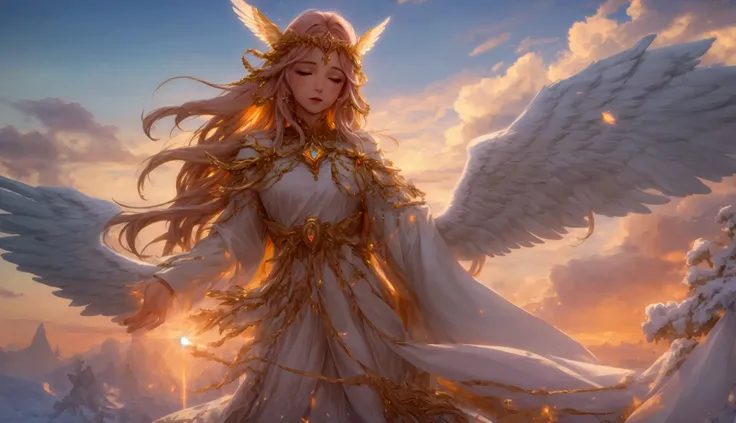 " Ultra-realistic cinematic scene in 4K :  A majestic angel emerging from golden clouds , with hyper-detailed skin ,  flowing robes and translucent crystalline wings that shine with divine light.  Positioned above a snow-covered mountain at sunrise ,  with...