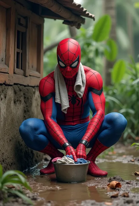 Spiderman washes clothes with a bucket while sitting and cleaning clothes next to a typical Indonesian well, with a towel around his neck