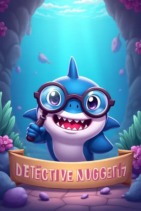 Banner written Detective Nugget 77 in large print at the bottom, Games style and a cute female shark with a magnifying glass in the middle of the image in blue and lilac colors
