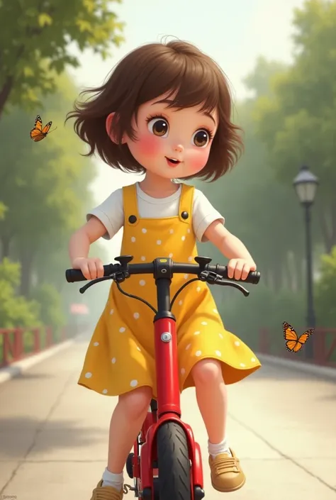  Create help me a picture of my  Lan with short brown hair , pretty round face ,  wearing a yellow polka dot bib dress inside a white t-shirt.  Running down the street chasing a butterfly .  Girl riding red electric scooter, Short hair drives closer and br...