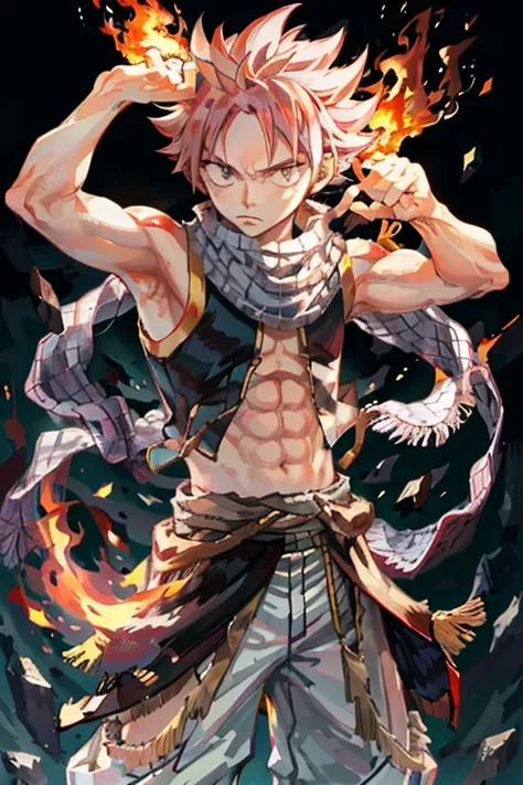 masterpiece, best quality, 1boy, natsu dragneel, scarf, sleeveless, black eyes, fire, arm up,