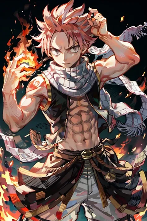 masterpiece, best quality, 1boy, natsu dragneel, scarf, sleeveless, black eyes, fire, arm up,