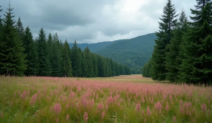   The image was taken in a meadow where a coniferous forest appears   ,  It must also include a lush pink lawn   ,    All of this was taken in a summer climate where the sky is dark and cloudy