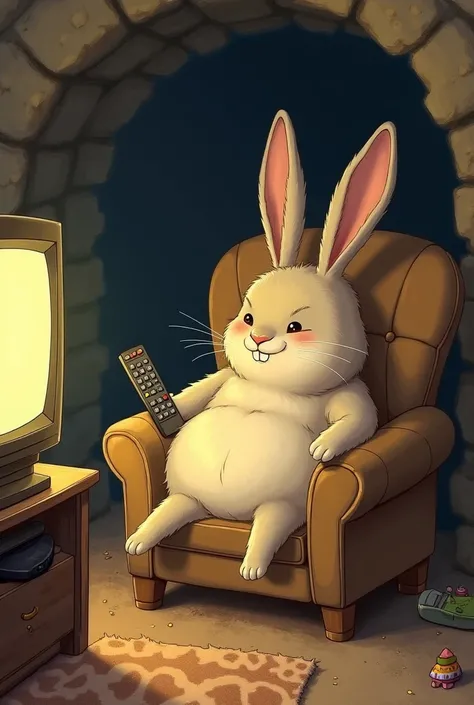 illustration of a bored fat rabbit sitting on an armchair in his burrow watching movies with the remote control in his hand changing the channel