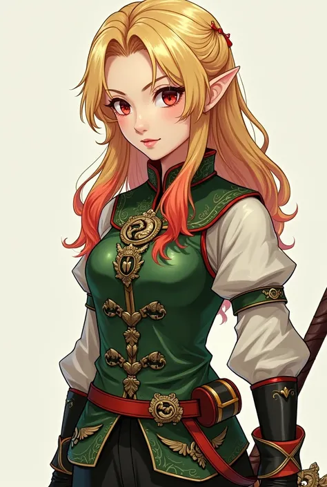  A girl with Asian descent ,  Bright Blonde Hair,  and a half-tail hairstyle with her two bright red front locks , her clothing has to be a green vest ,  with red and black touches and details with small drawings and details of dragons ,  green red yellow ...