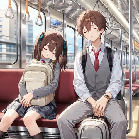 masterpiece, best quality, highres, 2 persons, 1girl and 1boy, couple, Sitting on train, indoor, train, sleeping BREAK ((1boy, brown hair, straight hair, wearing white collared shirt, wearing vest, red necktie, gray trousers, wearing watch, a backpack unde...