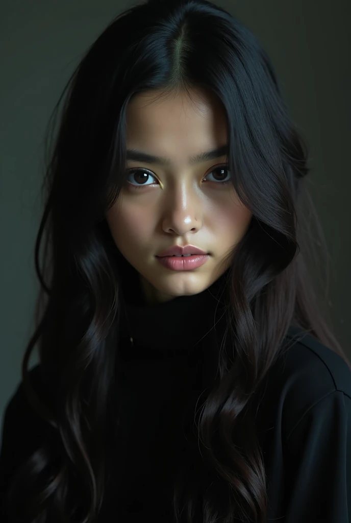 A girl with black hair and dark eyes, Looking 20 years old, a dark environment,  black clothes, layered cutting hair, Maintains the shape of the face, centered beauty face rounder eyes and longer round face