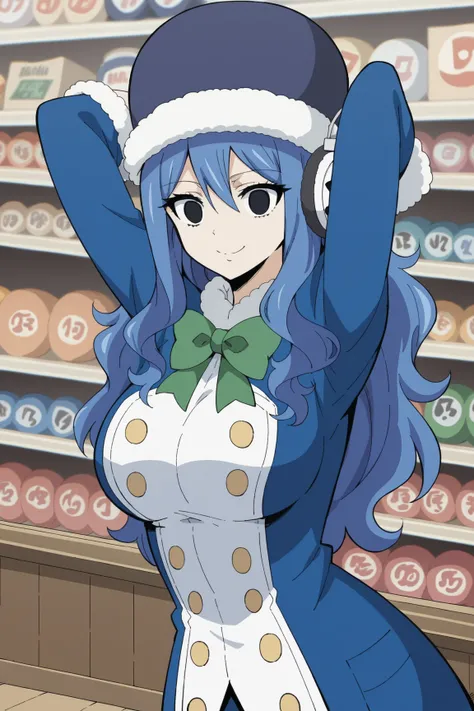 score_9, score_8_up, score_7_up, source_anime, juvia lockser, long hair, large breasts, hair between eyes, blue hair, black eyes, empty eyes,, hat, bow, bowtie, coat, fur trim, green bow, blue coat, fur hat, green bowtie, music store, browsing records, hea...