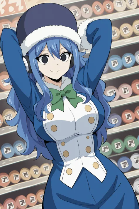 score_9, score_8_up, score_7_up, source_anime, juvia lockser, long hair, large breasts, hair between eyes, blue hair, black eyes, empty eyes,, hat, bow, bowtie, coat, fur trim, green bow, blue coat, fur hat, green bowtie, music store, browsing records, hea...