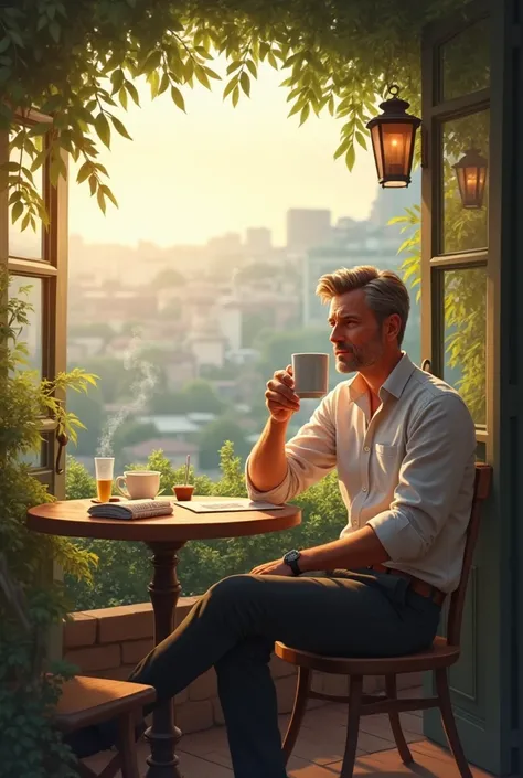 Make me a picture of a man enjoying the morning atmosphere over coffee