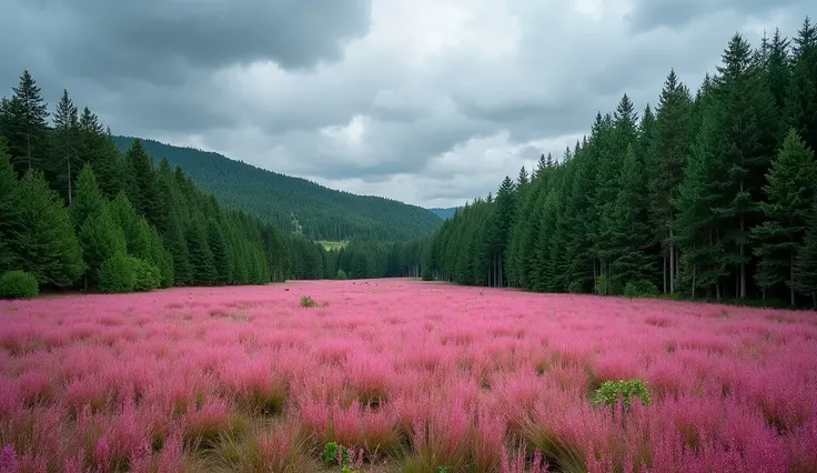   The image was taken in a meadow where a coniferous forest appears   ,  It must also include a lush pink lawn   ,    All of this was taken in a summer climate where the sky is dark and cloudy