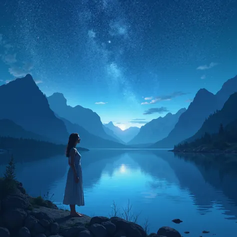 A woman stands by a mountain lake ,  where the surface of the water is still and reflects the stars above, while the mountains create a magnificent bright blue night sky background.