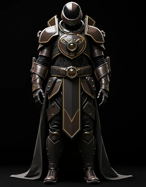 Create a fashion-forward cinematic straight pose portrait of a male figure modeled as a powerful sci-fi emperor. The character should have a broad or large body frame and a full-body including boots appearance wearing a face-covering spacesuit that reinter...