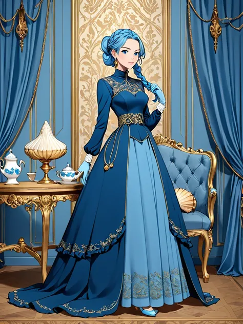  girl ( light blue hair, (HAIRSTYLE "Elegant French Braid")(very long)  one pigtail to the waist, (very long 1) waist-length braid, 1 long braid) ( golden shell hair clip),  ( blue eyes), (Women's blue vintage evening dress,  floor-length lace A-LINE DRESS...