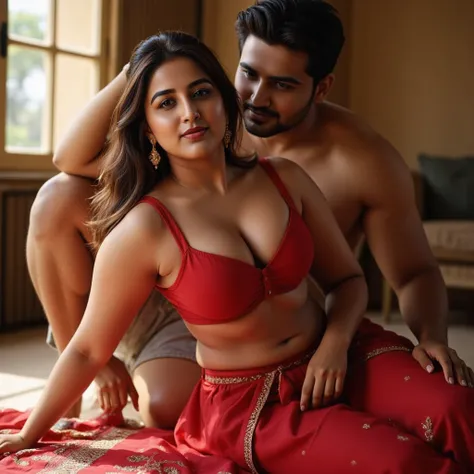 A hot indian large breast sexy house wife with curvy body of 35 age wearing dark red bra and a  dark red low waist skirt  by showing her navel thighs and cleavage , she is lying on the floor by supporting with both of her elbows.  Man is wearing a shorts k...