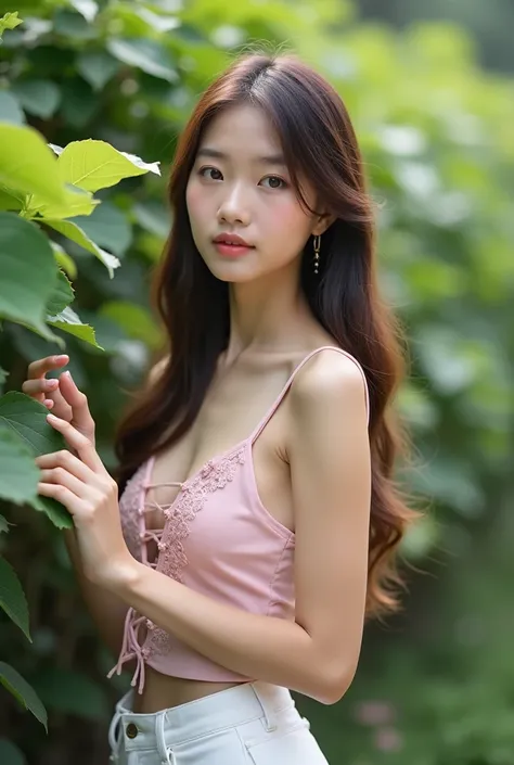 [Prompt: Portrait photograph of a young thai woman with long brown hair, wearing a light pink lace-up cami top and white shorts, standing outdoors in a garden setting.  The photo is taken with a Canon EOS R5, using a 50mm f/1.2L USM lens at f/1.8, ISO 100,...