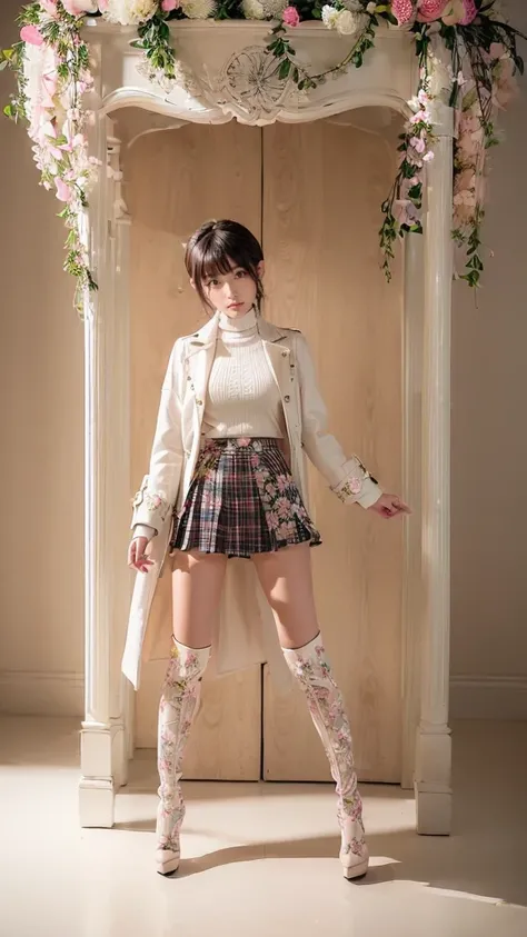 ((((((( long legs)))))))、 tartan check mini skirt、黒い pin heelsのブーツ、((((Heels are high ))))、 pin heels、(Heel height 20cm)、(((thigh-high boots、 Thigh High Boots 、 knee-high boots)))、((( thin legs)))、((((( thin thighs)))))、((Legs２t))、( beige trench coat )、(Th...