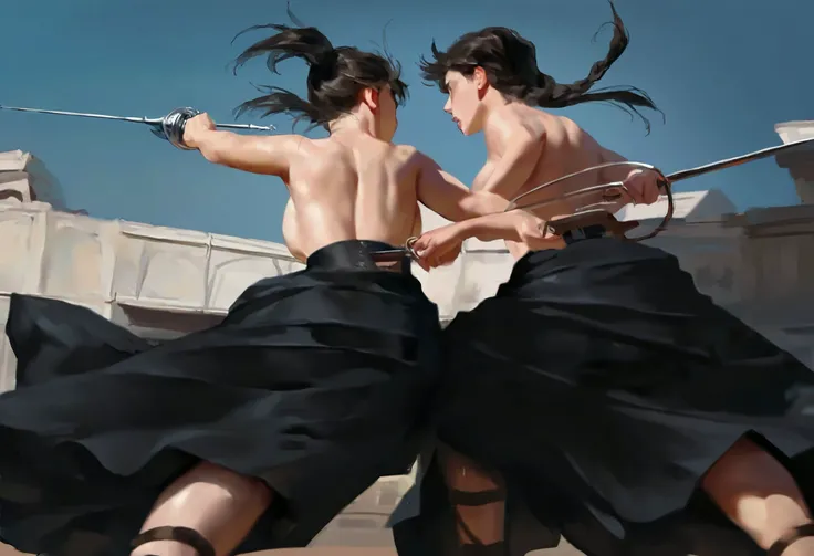 masterpiece, best quality, newest, absurdres, highres, outdoor, 1700s fashion theme, semi realistic,
2girl, 2 girl dueling in fencing, ((rapier)), sword fighting, thrusting each other, sparring, ((duel)), wearing long skirt, topless, (thick plump body:0.7)...