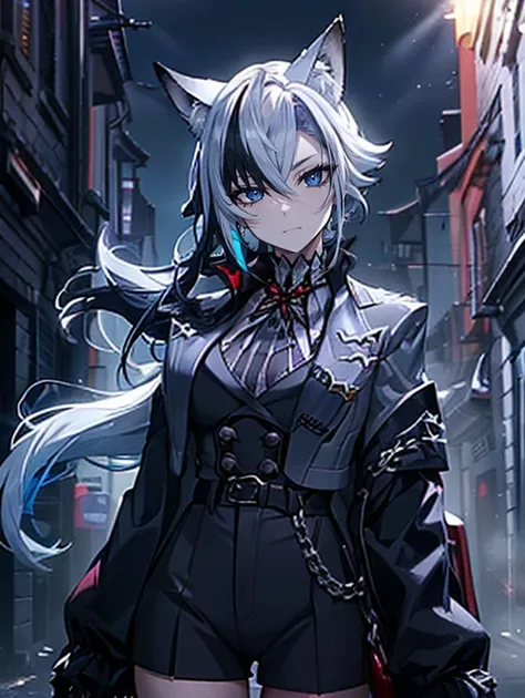 ( masterpiece ,  best quality,ultra-detailed),1 girl,(Multi-colored hair, Blue hair, yellow, red, purple), Hair Messy ,  black shirt, Black jacket ,( Fox's ears ),Beautiful eyes ,( Light blue skin , Blue-gray skin ),In the alleys,(Gray Theme ),(Pastel them...