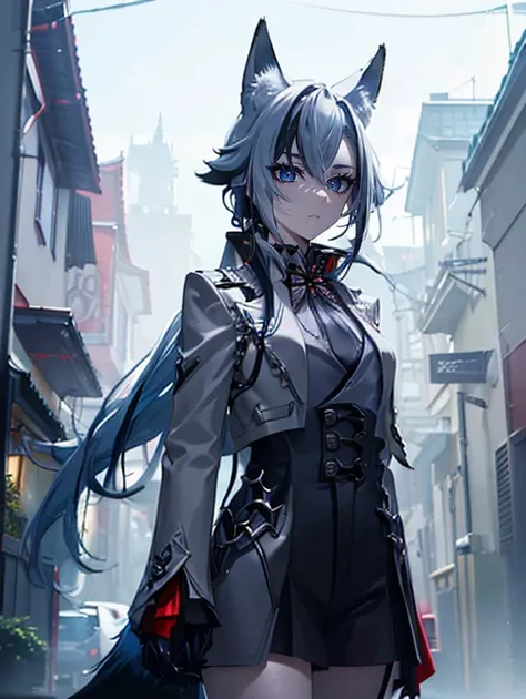 ( masterpiece ,  best quality,ultra-detailed),1 girl,(Multi-colored hair, Blue hair, yellow, red, purple), Hair Messy ,  black shirt, Black jacket ,( Fox's ears ),Beautiful eyes ,( Light blue skin , Blue-gray skin ),In the alleys,(Gray Theme ),(Pastel them...