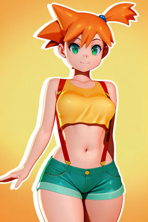 masterpiece, best quality, medium breasts, (curvy),   BREAK, zzMisty, green eyes, orange hair, short hair, side ponytail, shorts, suspenders, midriff, yellow crop top, navel, denim shorts, smile, looking at viewer, cowboy shot,  