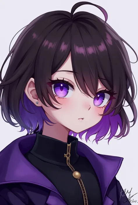 A boy with brown hair with violet tips, violet eyes and long eyelashes with eyeliner, big shiny eyes with a piercing in his ear, black and violet clothes. a little feminine.