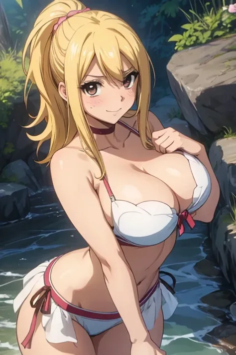 high definition, 8K, detailed face, grabbing her breast, showing her breast, Lucy Heartfilia from Fairytail, ((Dark brown eyes)), ((g-string)), spa, ((large breasts)), slim and thin, body of equal proportions, ((focus on her breast)), front view, four fing...