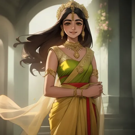 A masterpiece, solo girl,  mature,  Ananya Pandey in Sari Candyan ,  smiling and looking at the viewer . elegant, affective expression , beautiful actress,  perfect , art rich in detail,  cinematic light , dutch angle,  Bokehnanya Pandey in a Kandyan saree...