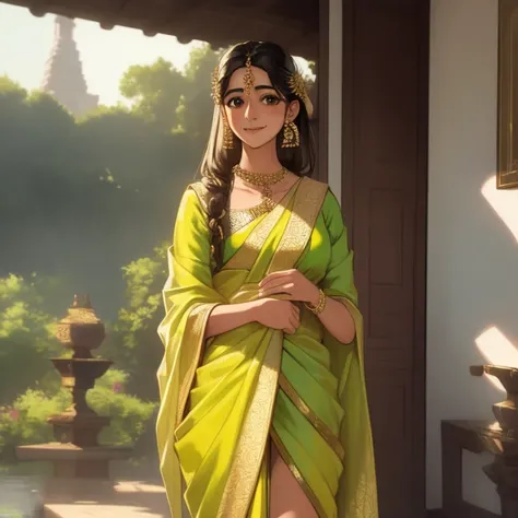 A masterpiece, solo girl,  mature,  Ananya Pandey in Sari Candyan ,  smiling and looking at the viewer . elegant, affective expression , beautiful actress,  perfect , art rich in detail,  cinematic light , dutch angle,  Bokehnanya Pandey in a Kandyan saree...