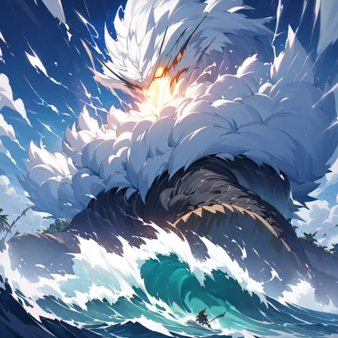 A colossal hurricane rages across the vast ocean, its swirling eye an ominous vortex of raw power. The tempestuous winds howl like a chorus of unseen spirits, bending massive palm trees to their breaking point and sending debris flying chaotically through ...