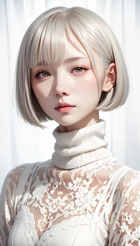  Japanese Girl , Albino Skin ,  bob-cut gray hair , Light brown eyes,lace fabric turtleneck, White clothes, Artistic, erotic