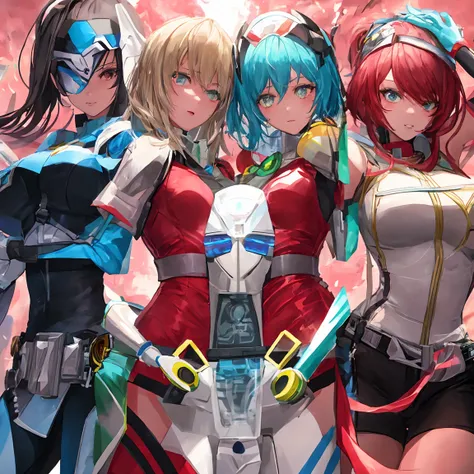 7girls, a group of 7 overdrive power rangers girls from Power Rangers Overdrive, Power Rangers Overdrive,female rangers team (Their colors are: Red, blue, green, yeallow, Pink, Silver and black. Every girl ranger with her own color), stadium, holding their...